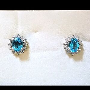 Sterling 925 Bright Blue Topaz and Zirconia Silver Stud Earrings